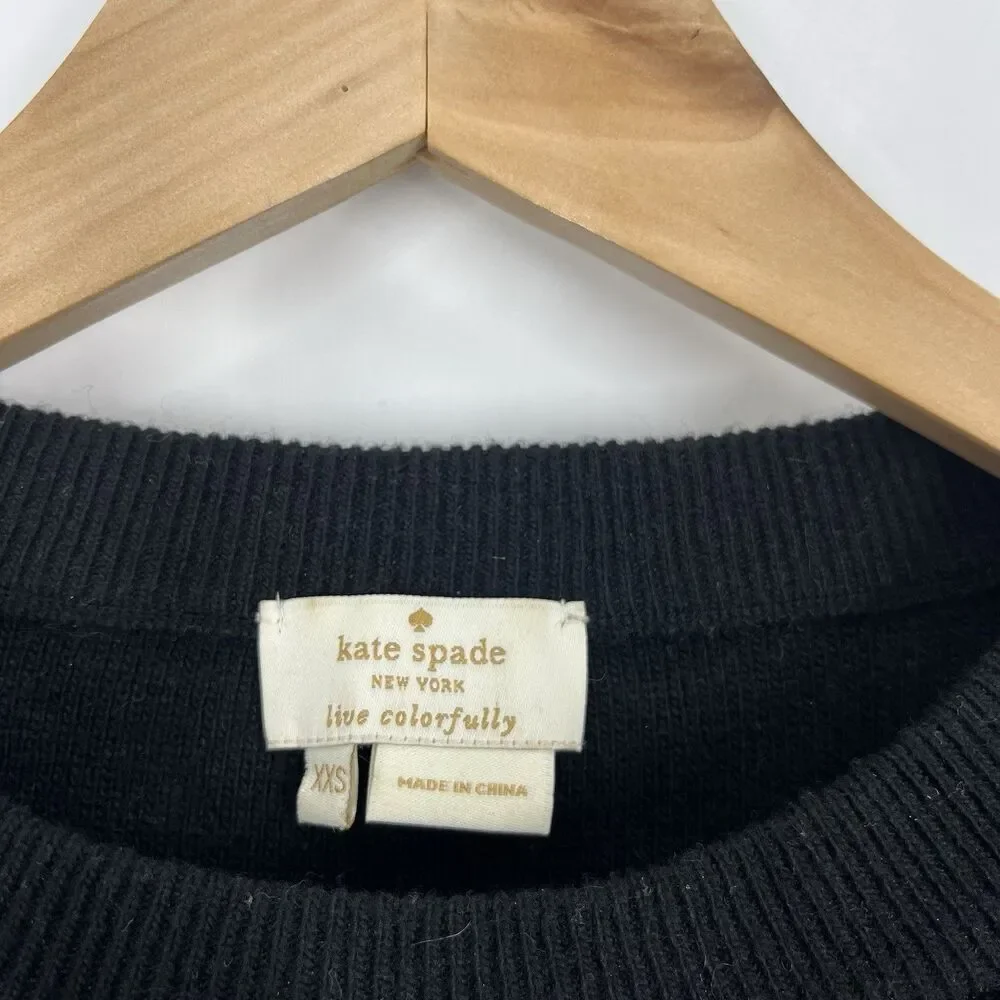 Kate Spade New York Sweater Size XXS Black Textured Velvet Wool Crew Neck Knit
